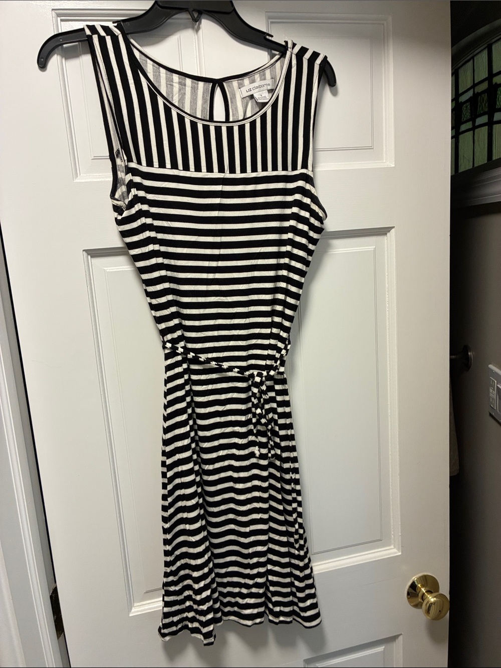 Liz Claiborne Black and White Striped Sleeveless Tie-Waist Dress